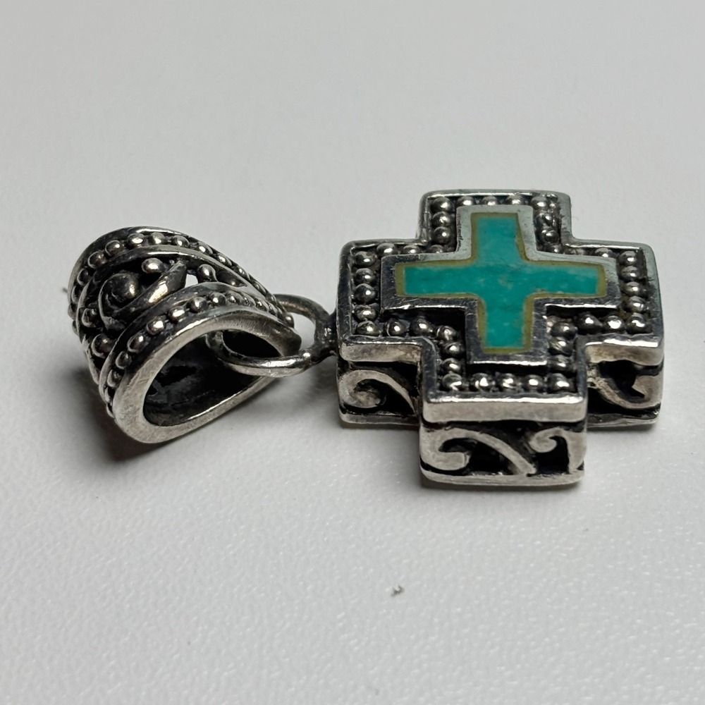 Sterling Silver and Turquoise Inlay Greek Cross Pendant - Picture 5 of 7
